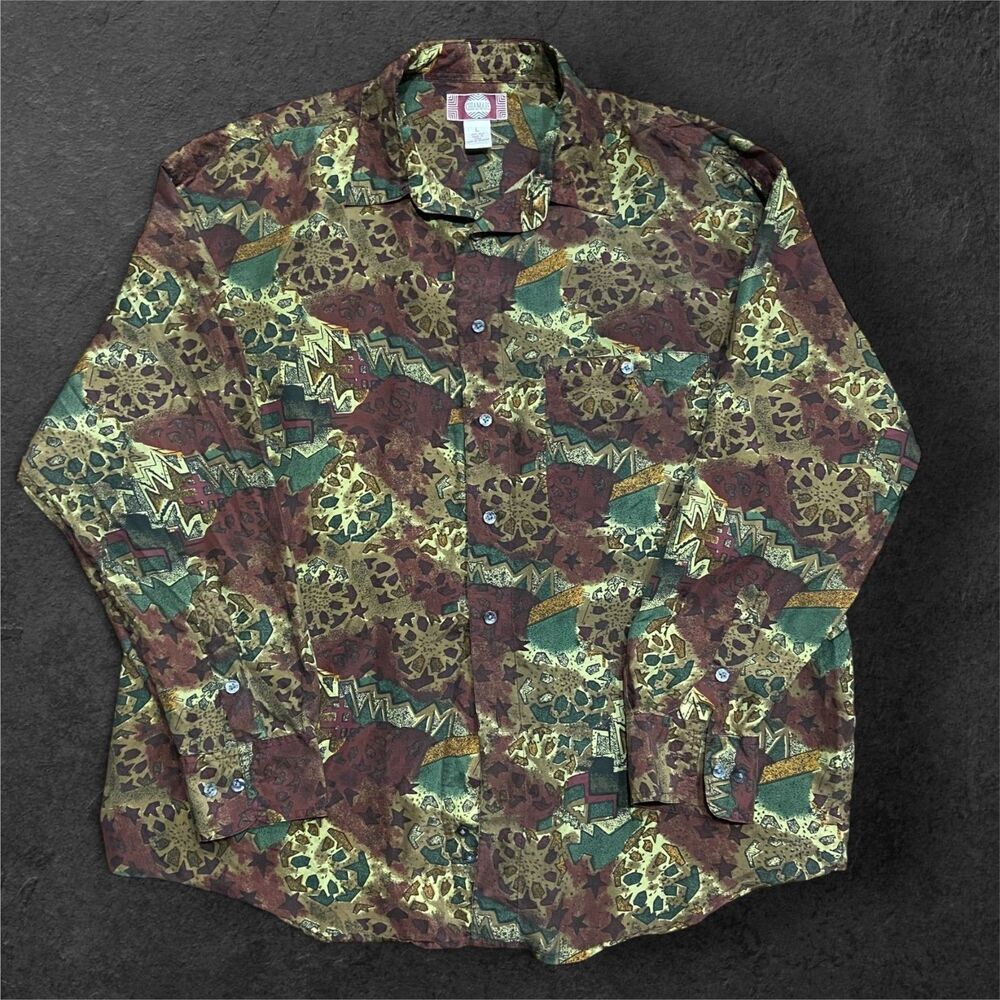 Chiamare Vintage Abstract Geometric Multicolor Silk Button Down Shirt Men's L